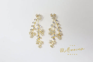 CZ Floral Three Vine Leaves Diamond Earrings, Long Bridal Earrings, Crystal Bridal Earrings, Statement Earrings, Gold Bride Earring.